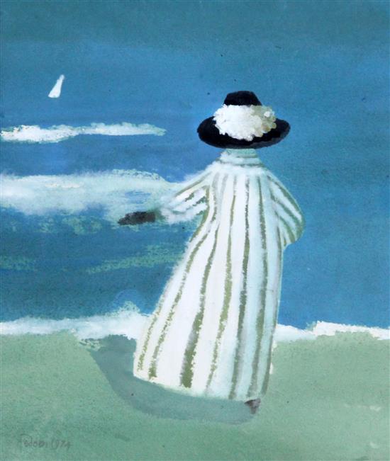 § Mary Fedden RA (1915-2012) Woman on the cliff tops, 7 x 6in.